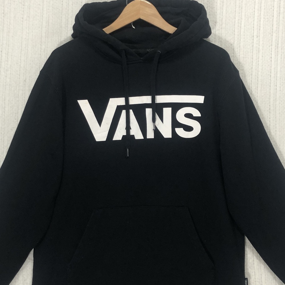Vans Classic Drop V‎ Logo Hoodie Black White Mens Medium Pullover Sweatshirt